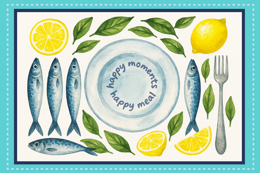 Illustration of fish, lemons, and a plate with 'happy moments happy meal' text on a blue border. Sardine, fish, and seafood collection
