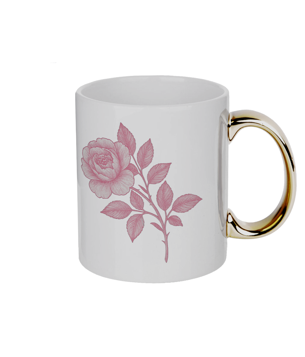White mug with pink floral design and gold handle on a white background