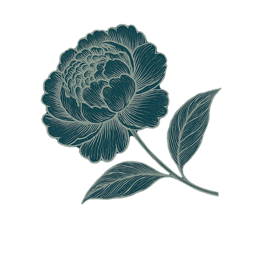 Decorative teal peony flower with leaves on a white background