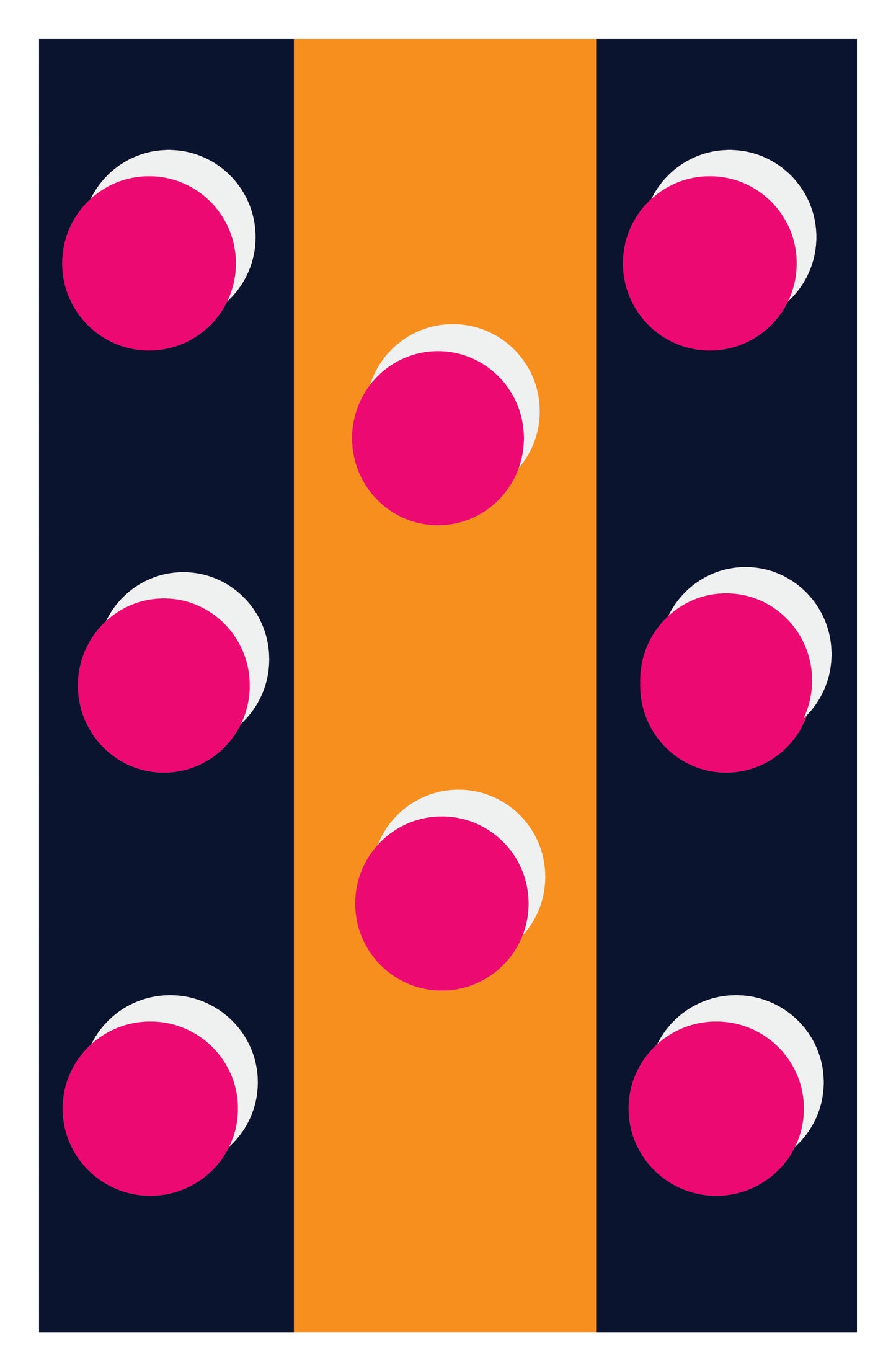 A minimalist geometric art print featuring a vertical tricolor design of dark navy blue, bright orange, and dark navy blue, decorated with alternating hot pink and white circular dots.