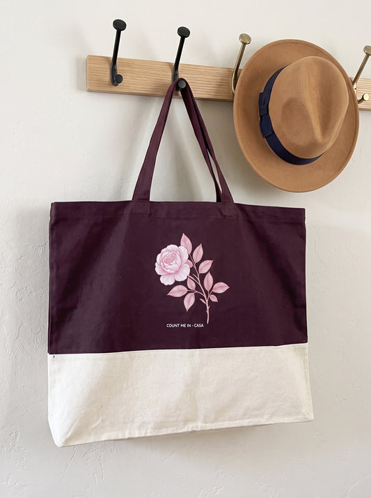 Plum Peony organic cotton shopping bag by Count Me In - Casa hanging on a wall hook
