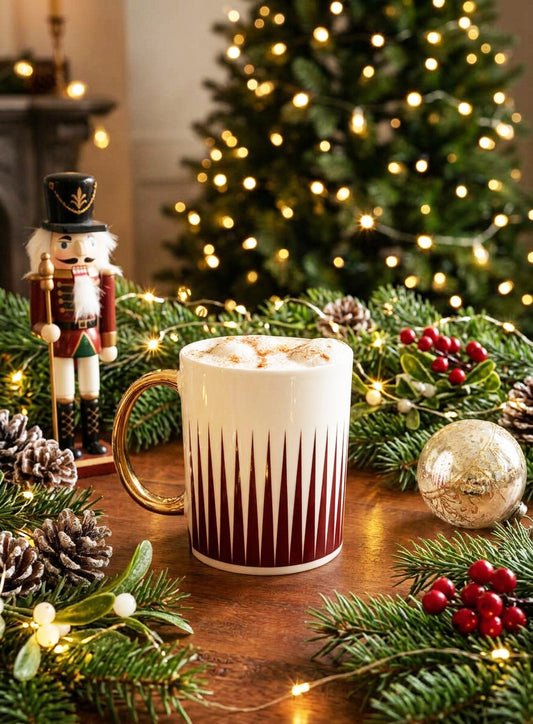 A festive holiday scene featuring a white ceramic mug with a gold handle and a deep red vertical striped pattern, filled with a frothy hot drink and topped with cinnamon. The mug is surrounded by pine branches, red berries, pinecones, a gold ornament, and a nutcracker, with a blurred Christmas tree in the background.