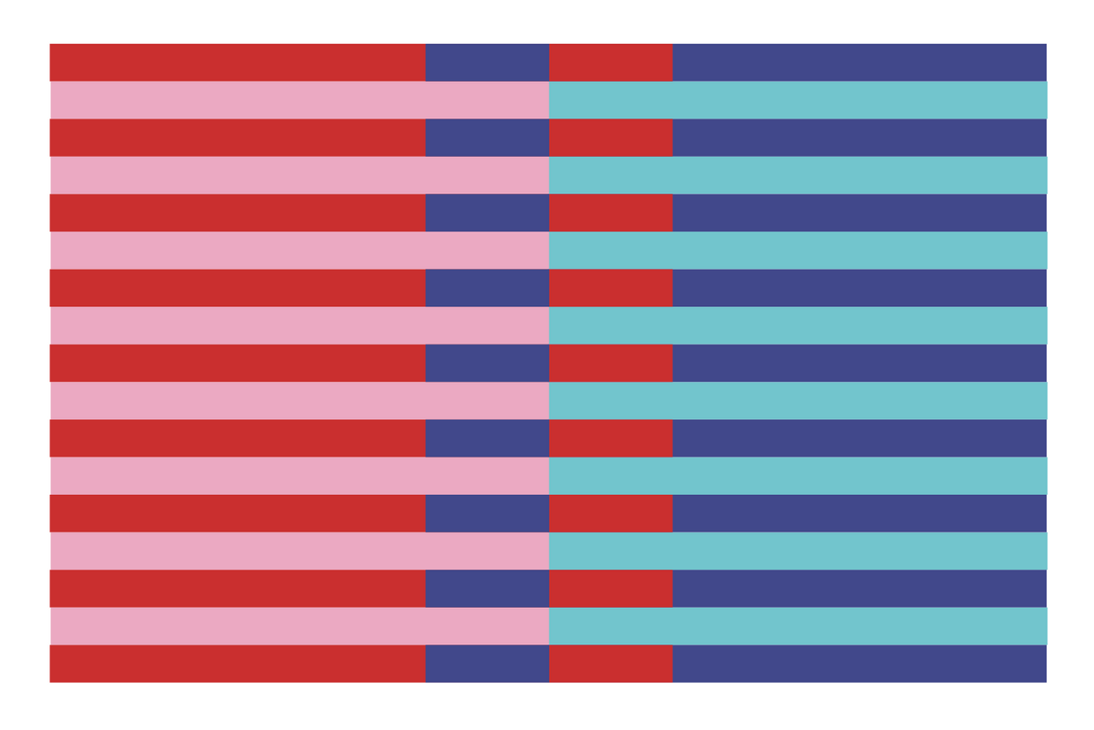 Rectangular placemat with alternating red, pink, blue, and turquoise stripes, zoomed image.