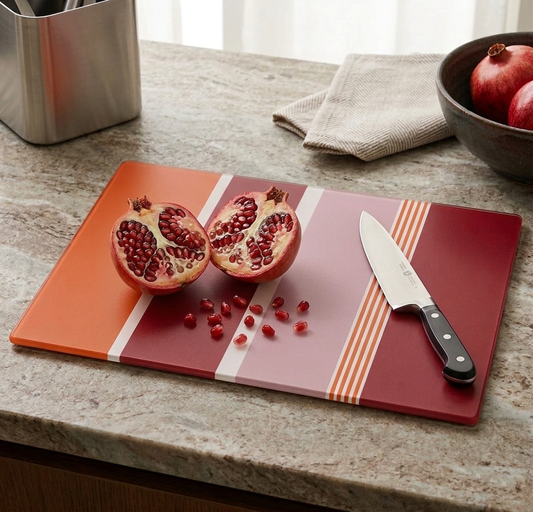 Chopping board or serving platter with pomegranate and knife on a kitchen counter