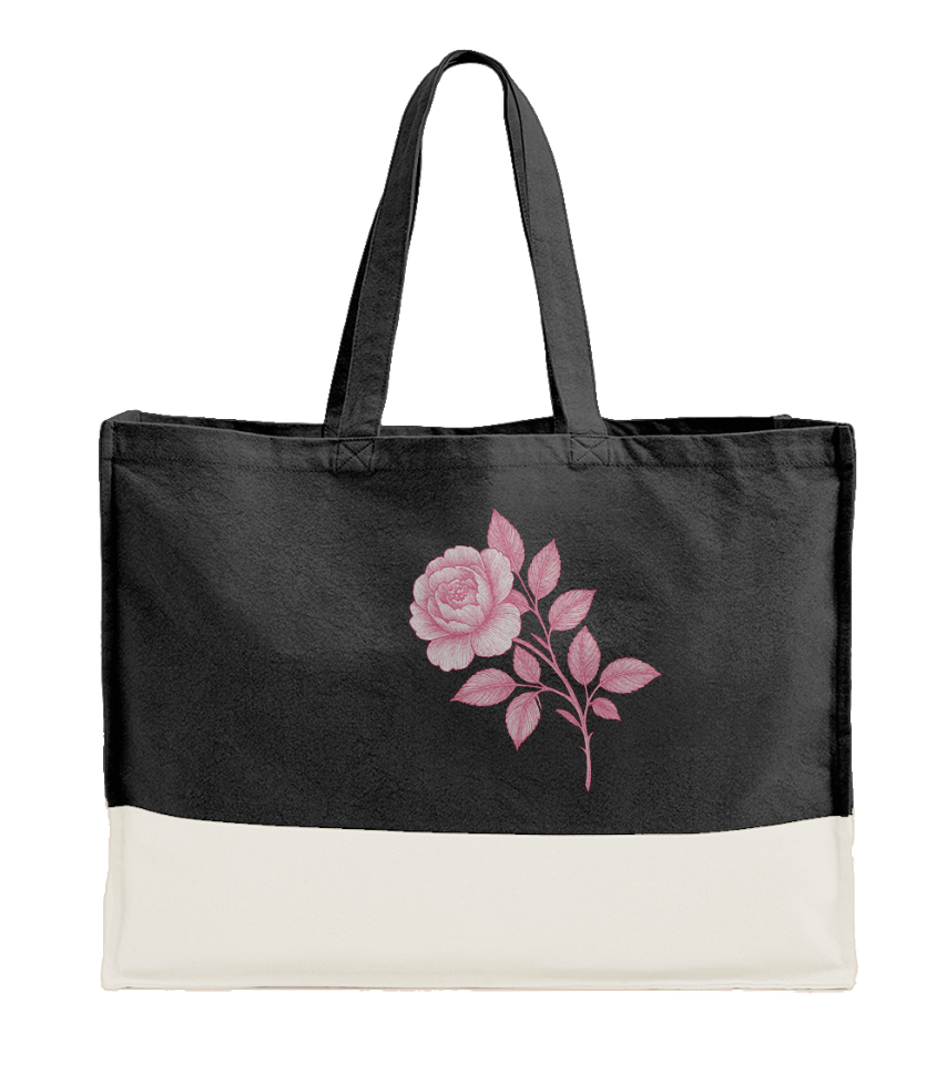 100% organic cotton canvas bag black fabric with a pink peony for an eco-friendly choice