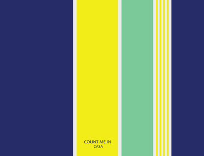 Color swatch with vertical stripes in blue, yellow, and green with 'COUNT ME IN CASA' text.