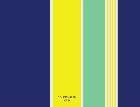 Color swatch with vertical stripes in blue, yellow, and green with 'COUNT ME IN CASA' text.