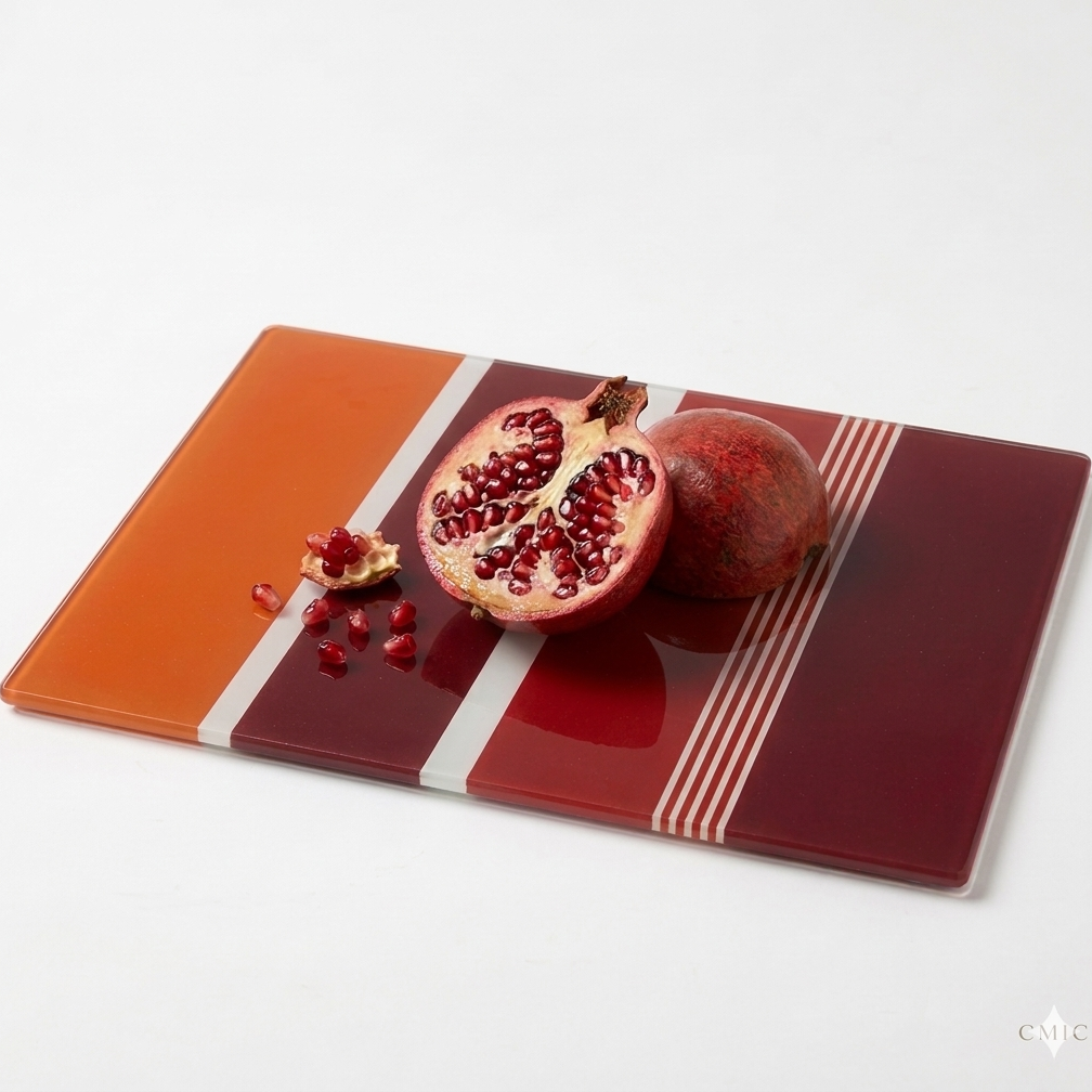 Glass cutting board with pomegranate on a white background