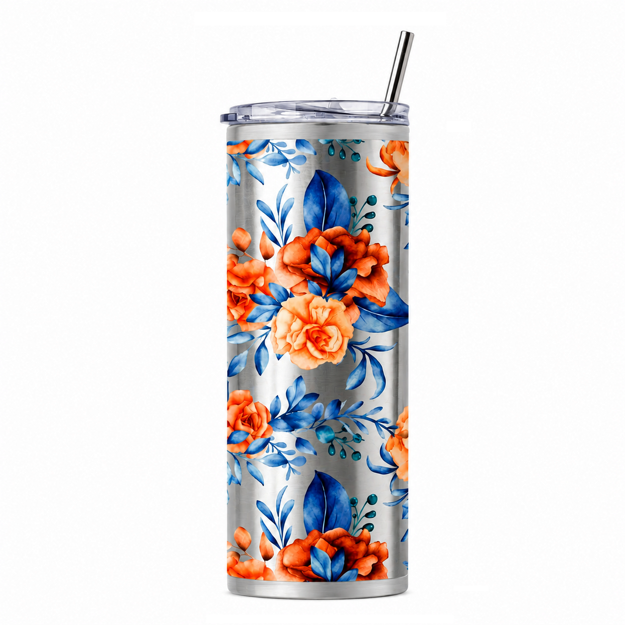Floral-patterned tumbler with a straw on a white background