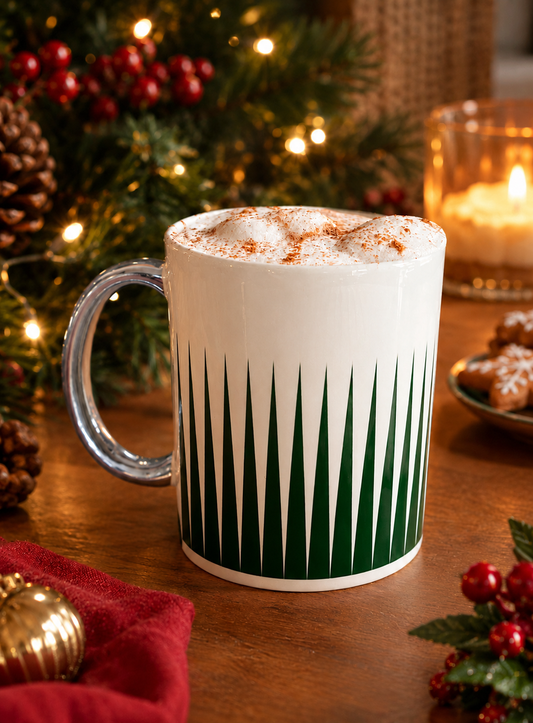 A white ceramic mug with a silver handle and a green Sharp triangle pattern, filled with a frothy hot drink topped with cinnamon, on a wooden table with Christmas decorations in the background.