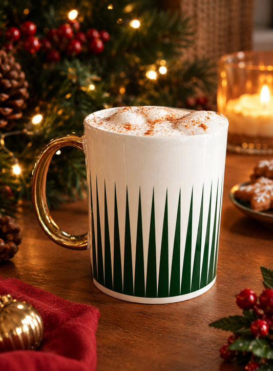 A white ceramic mug with a gold handle and green geometric pattern, filled with a frothy hot drink topped with cinnamon, set on a wooden table with Christmas decorations in the background.