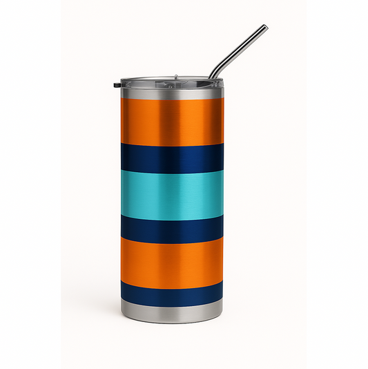  High-quality stainless steel tumbler Colorful striped tumbler with a metal straw on a white background