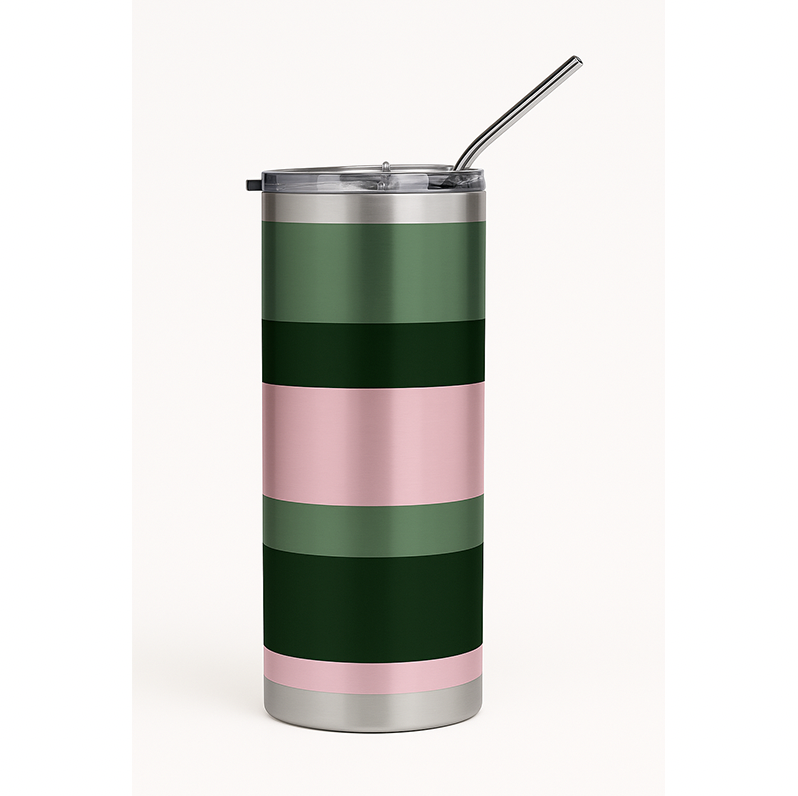 Tumbler with green and pink horizontal stripes on a white background