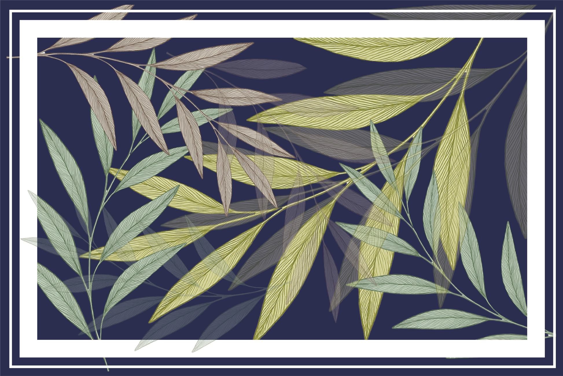 Navy blue background with green and beige exclusive design, leaf pattern