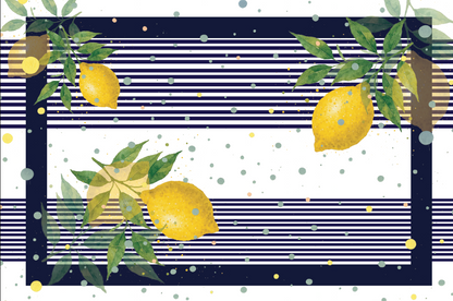 Decorative mat with lemons and stripes illustration.