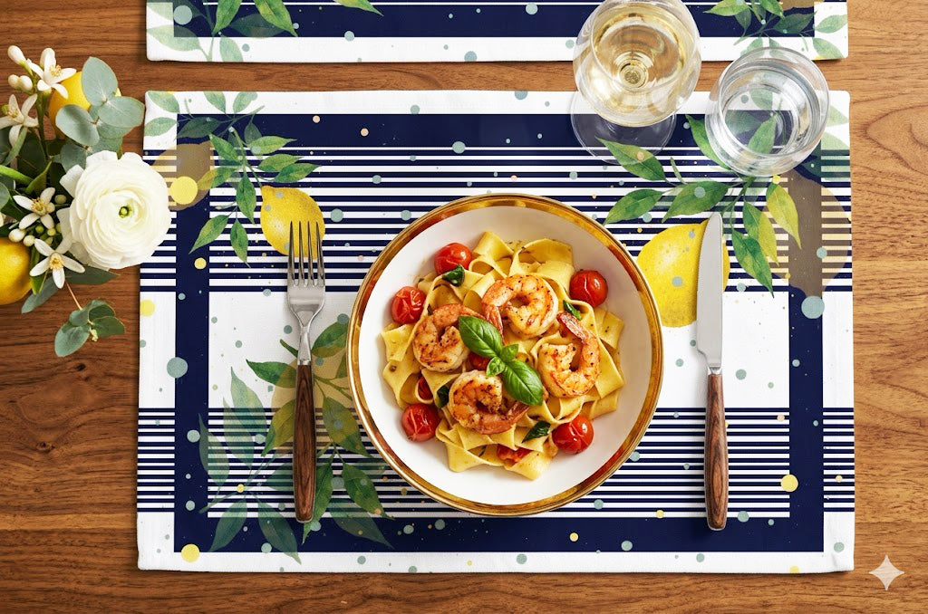 Dinner setting with a prawn seafood pasta dish on a lemon-themed decorative placemat.