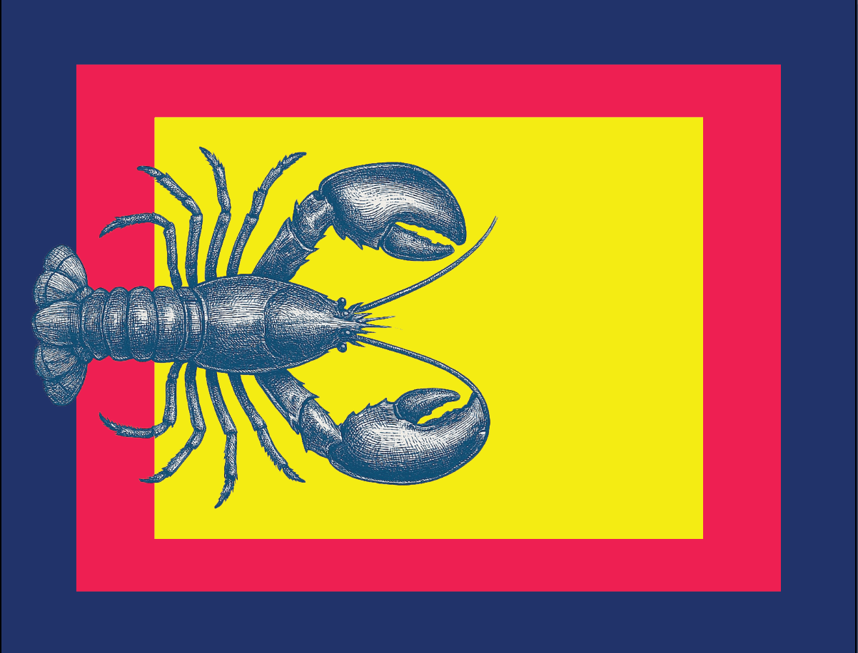 Illustration of a blue lobster on a yellow background with a red border against a blue background