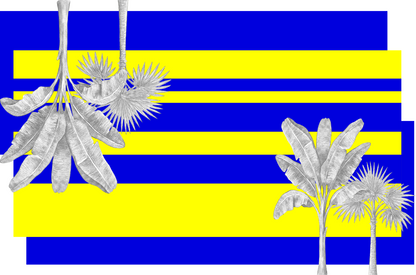 A graphic design featuring bold horizontal stripes in royal blue and bright yellow, overlaid with white tropical palm and banana leaf illustrations.