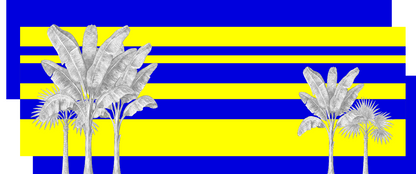 A graphic design featuring three white palm tree silhouettes set against a bold background of horizontal blue and yellow stripes.