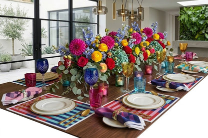 Stunning colorful table setting with flowers and glassware in a modern kitchen, with a few of the "Mix and Match" placemats. 