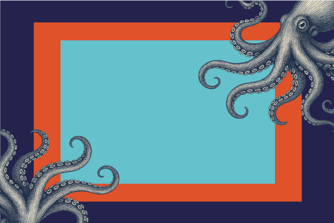 Decorative mat with octopus design and colorful border: seafood and summer collection.