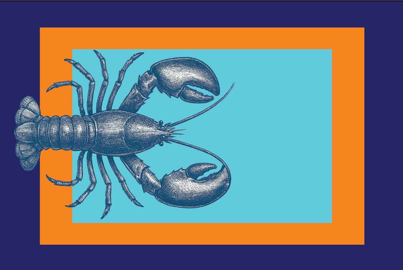Illustration of a lobster on a blue background with an orange border