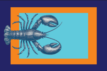 Illustration of a lobster on a blue background with an orange border