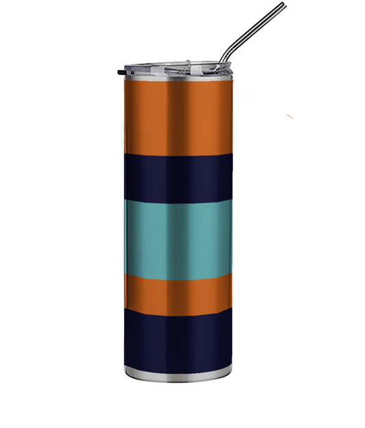 A tall insulated tumbler with a lid and metal straw, featuring horizontal stripes in orange, navy blue, and teal on a white background.