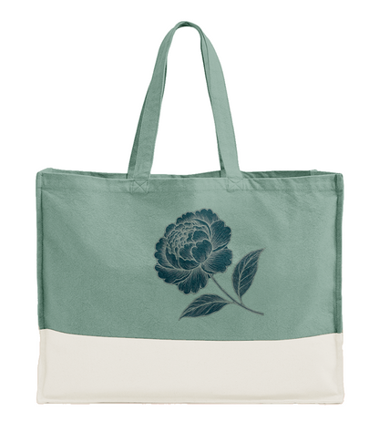 Green tote bag with a floral peony design on a white background