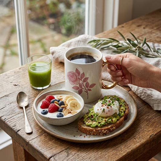 Person holding a Peony design mug of coffee with a breakfast spread on a wooden table.