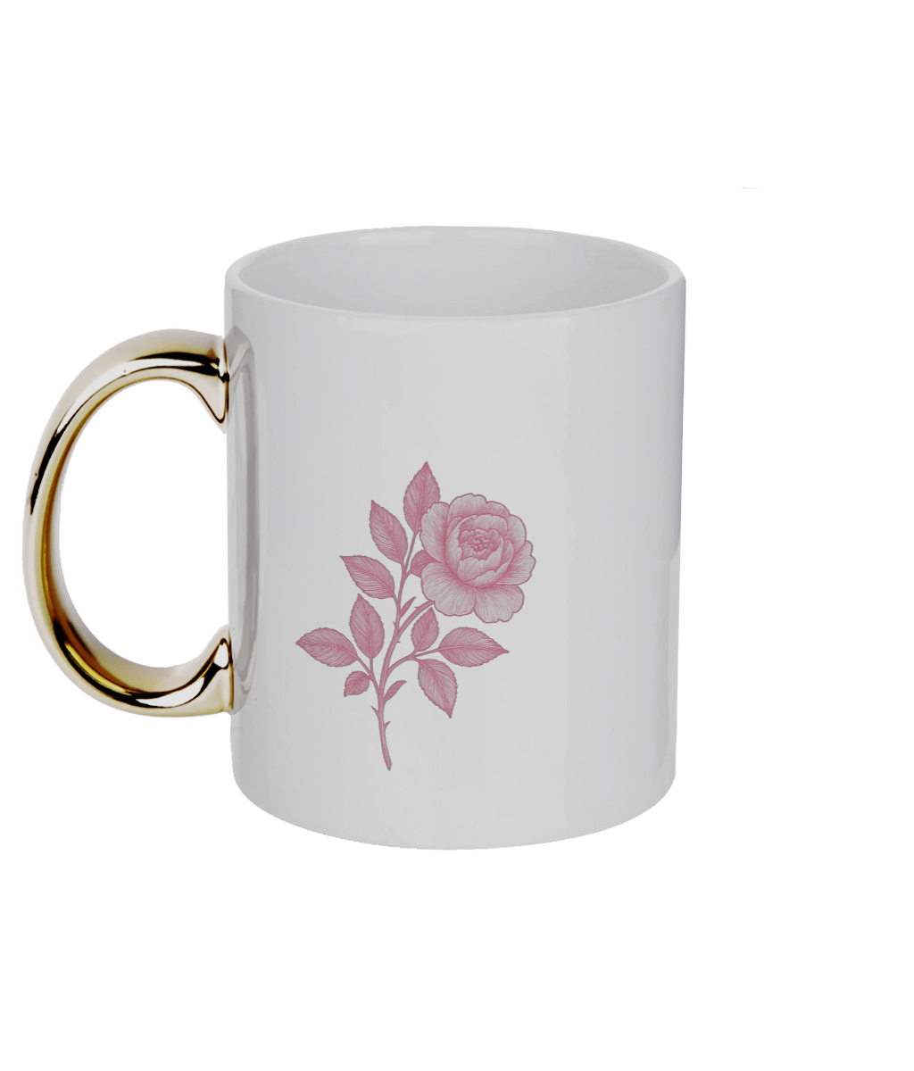 White mug with a gold handle and pink rose design on a white background