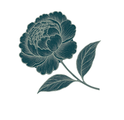 Decorative teal peony flower with leaves on a white background