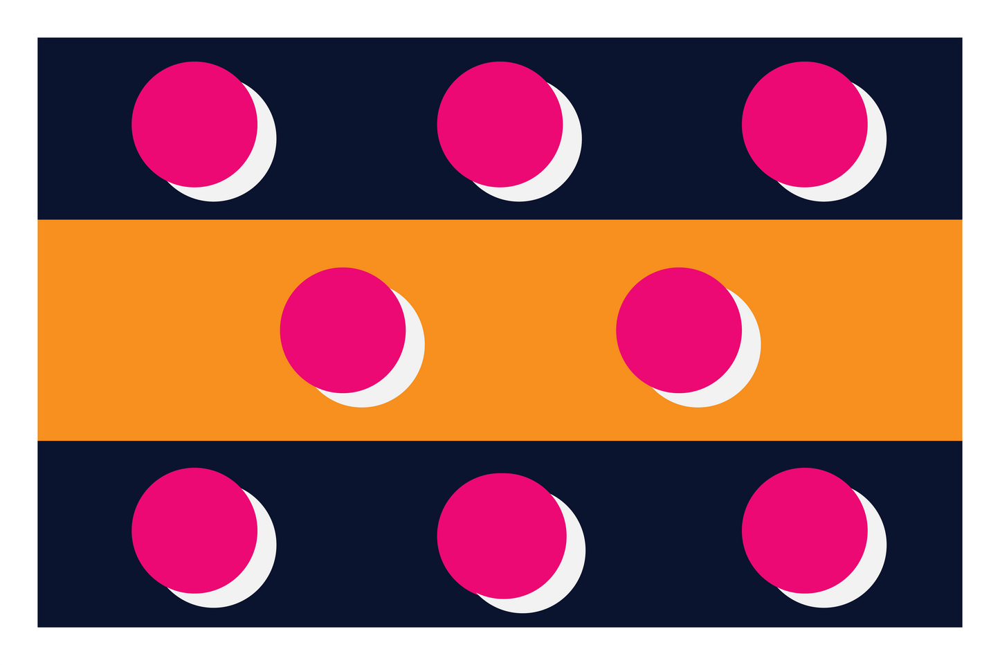 A flat rectangular graphic with a dark navy top and bottom band, a wide orange middle band, and eight bright pink circular dots with white shadows distributed across the design.