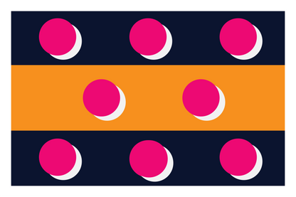A flat rectangular graphic with a dark navy top and bottom band, a wide orange middle band, and eight bright pink circular dots with white shadows distributed across the design.