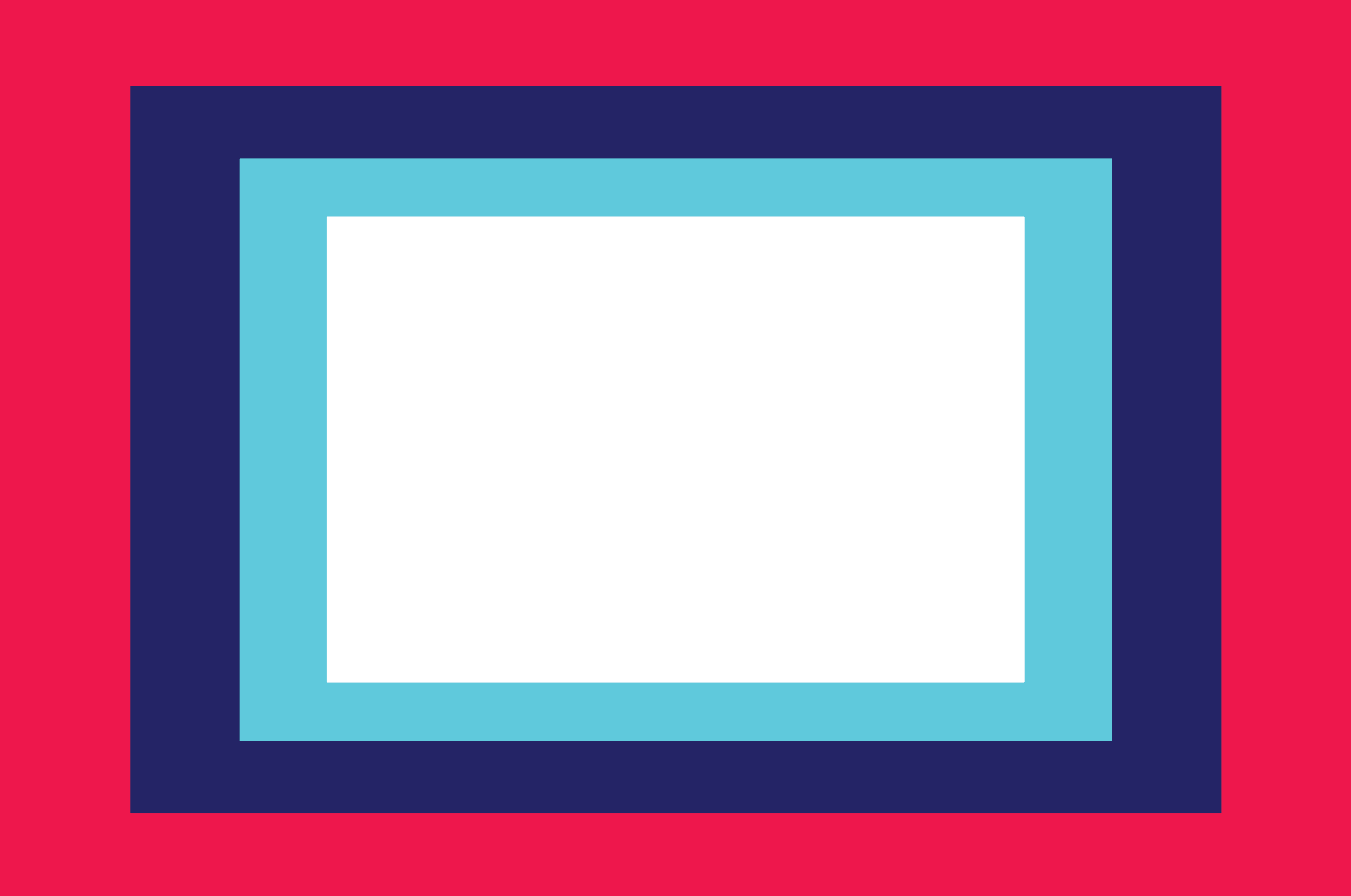 Rectangular frame with blue, pink, and turquoise border on a red background, illustration detail