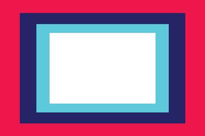Rectangular frame with blue, pink, and turquoise border on a red background, illustration detail