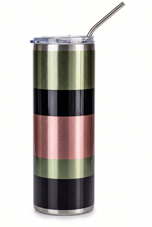 pink, green metal on the go tumbler with straw.