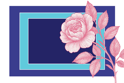 Decorative design with pink peony illustration on a blue and turquoise background, still image
