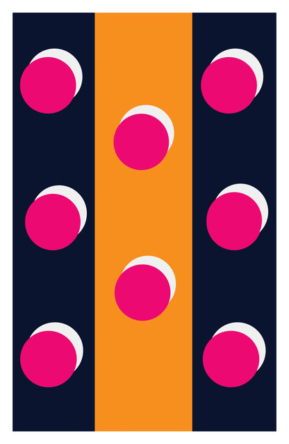 A minimalist geometric art print featuring a vertical tricolor design of dark navy blue, bright orange, and dark navy blue, decorated with alternating hot pink and white circular dots.