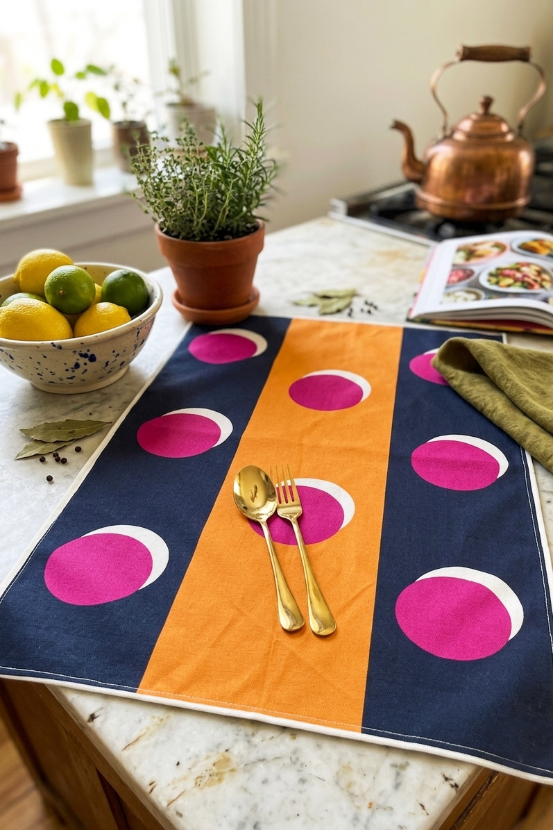 A rectangular kitchen placemat with a bold pattern of dark navy blue, bright orange, and magenta pink circles outlined in white, styled on a marble kitchen countertop with gold cutlery, a bowl of lemons, and a copper kettle in the background.