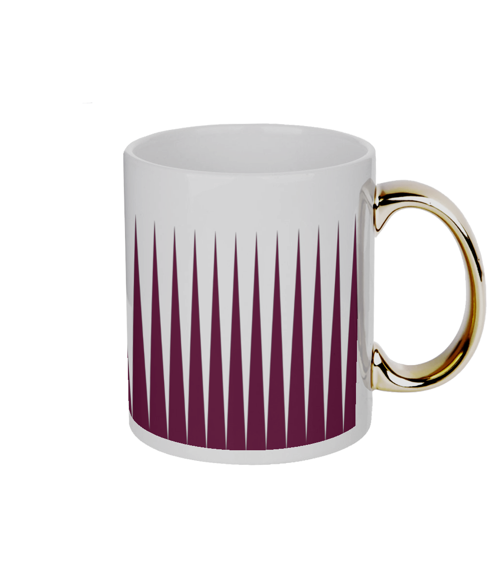 White mug with a gold handle and purple gradient pattern on a white background, right view