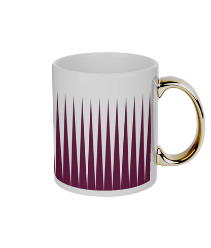 White mug with a gold handle and purple gradient pattern on a white background, right view