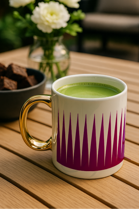 White mug with purple pattern, golden handle, containing matcha on a wooden table with flowers and brownies in the background. Exclusive design, lifestyle