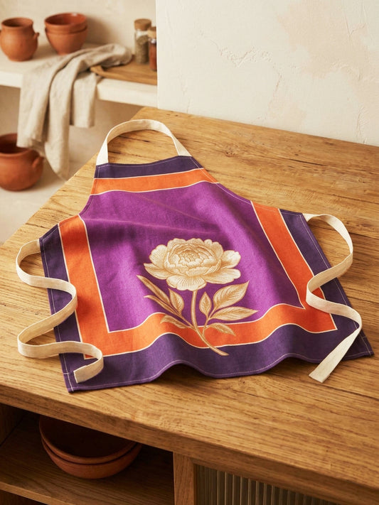 A purple kitchen apron with orange stripes and a cream-colored embroidered rose, laid flat on a wooden table.