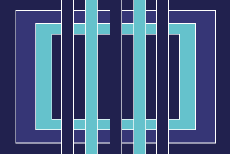 Geometric pattern with blue and teal shapes on a dark blue background